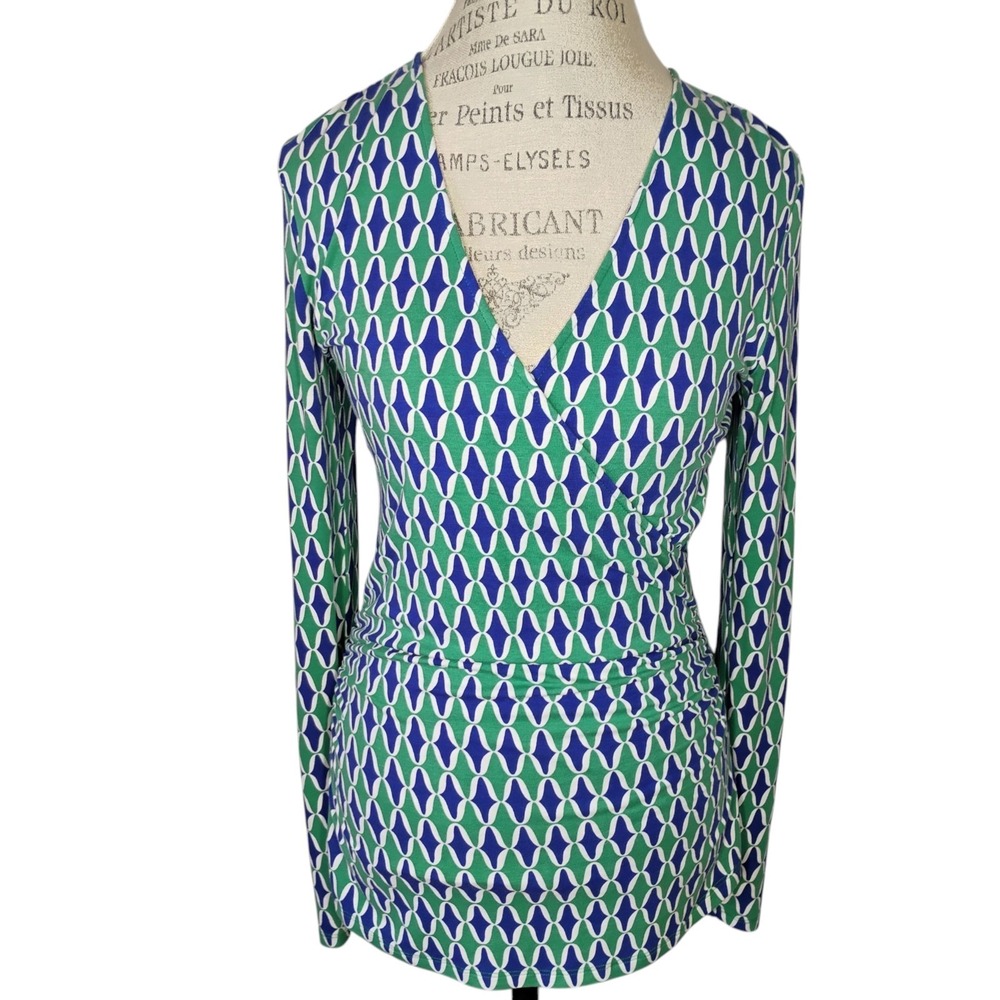 Boden Elodie Jersey Faux Wrap Top Womens 8 Geometric Print Classic Stretch